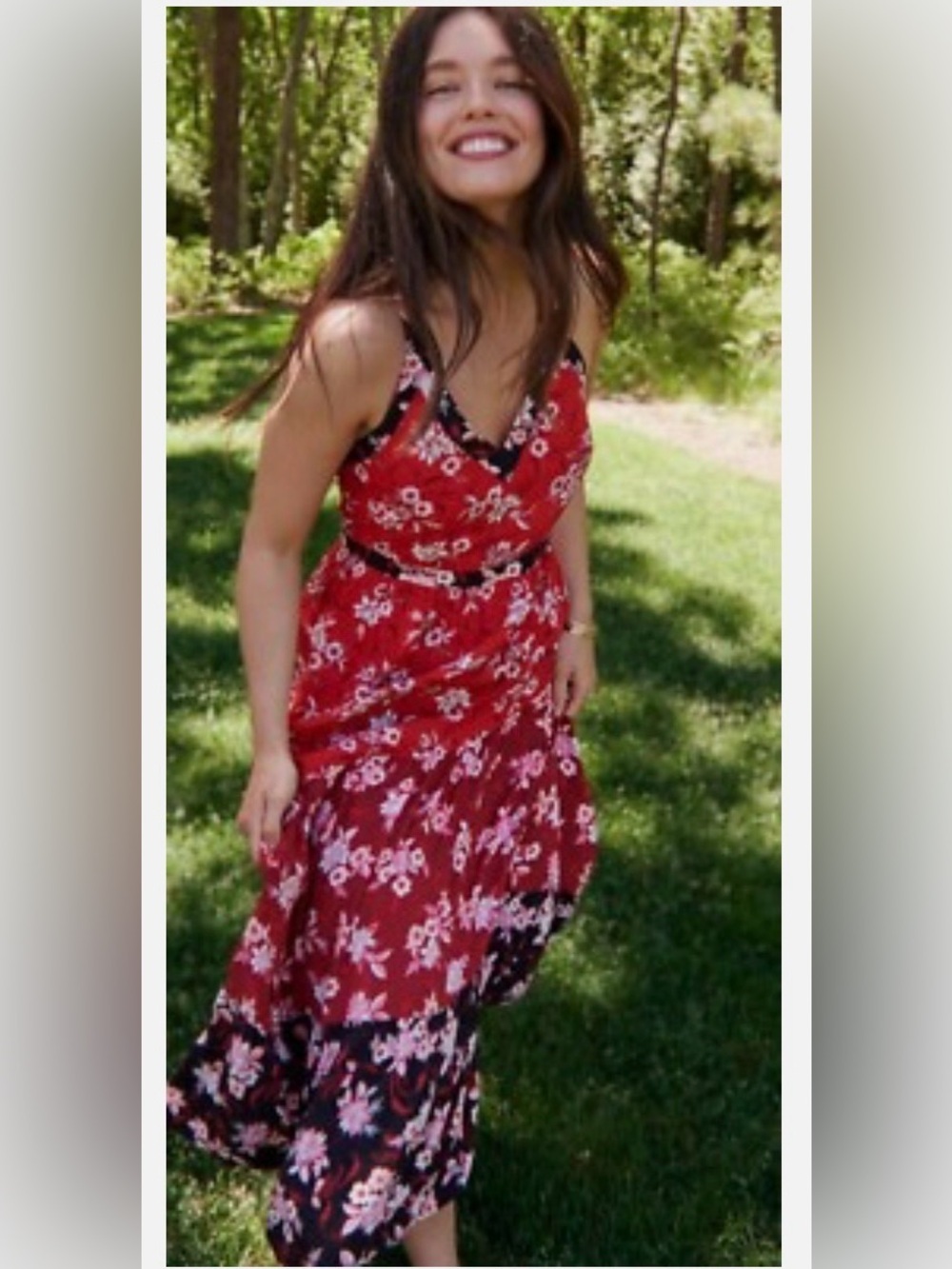 LOFT Zinnia tiered Red Floral Maxi Dress with Black Trim 10P